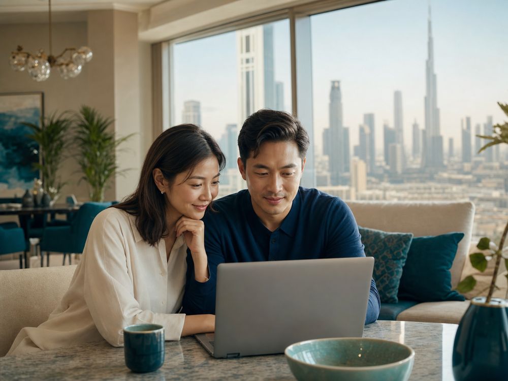 A couple reviewing a Dubai property on a laptop from overseas
