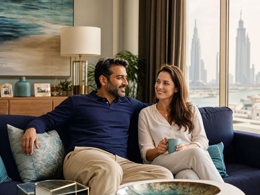 A settled mixed-nationality couple relaxing in their established Dubai home