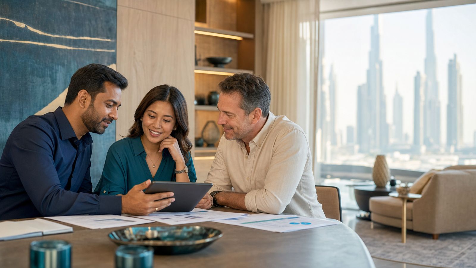 A mixed-nationality team of business owners reviewing documents in a modern Dubai office